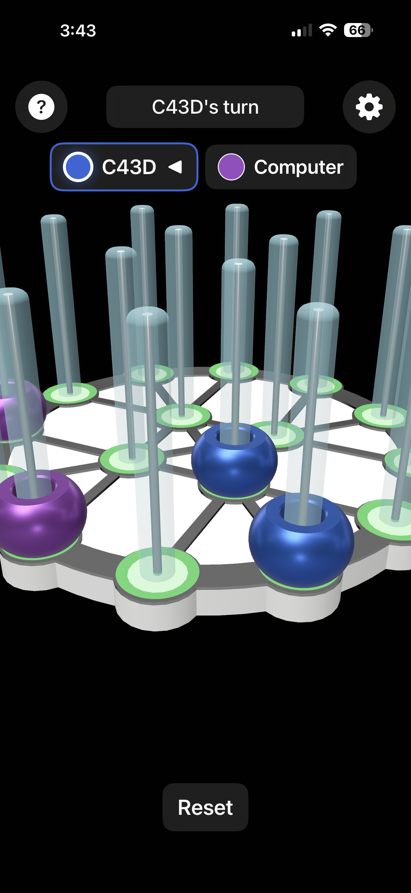 C43D game board in 3D AR with stacked playing pieces